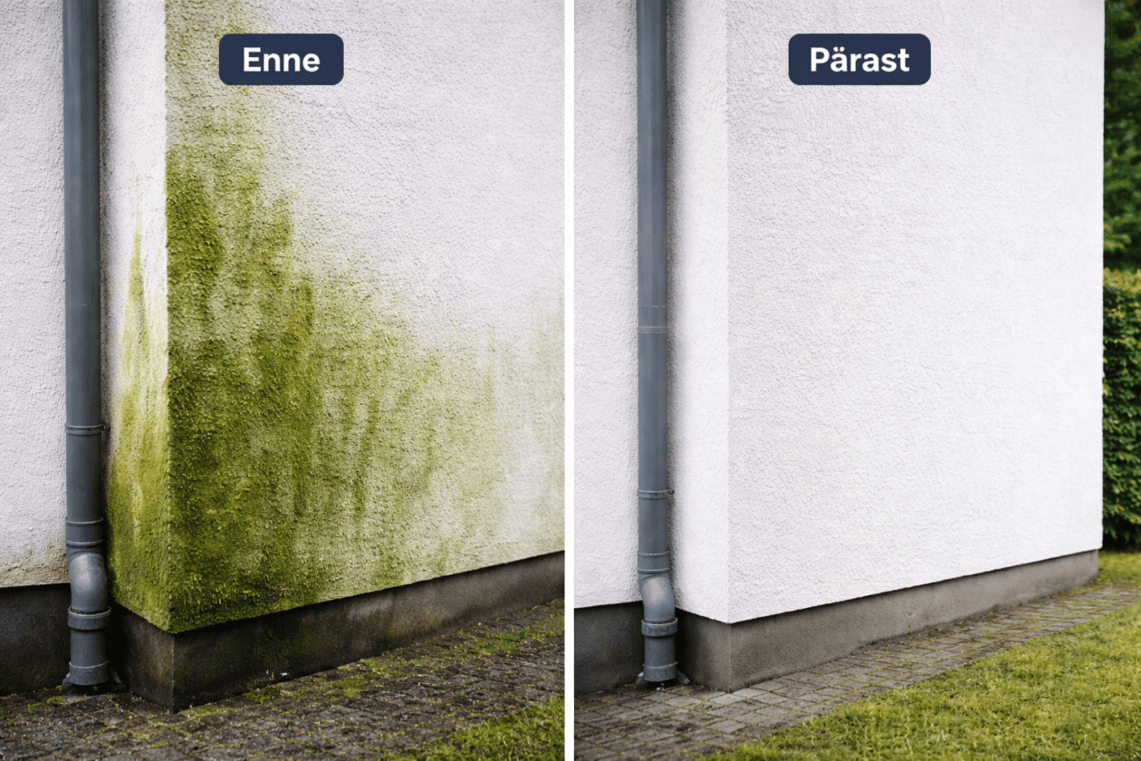 niiskusest tingitud vetikad ja sammal fassaadil